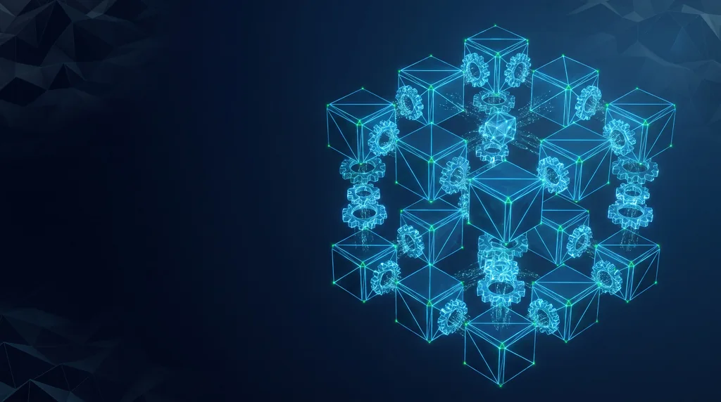 Geometric navy key art of faceted wireframe structure, for internal tools.