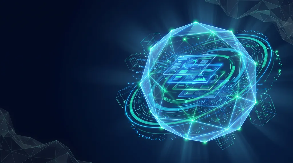 Geometric navy key art of faceted wireframe structure, for SaaS product frontends.