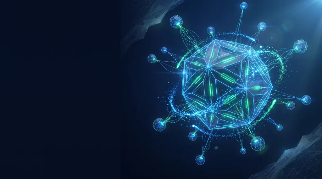 Geometric navy key art of faceted wireframe structure, for applied AI and automation.