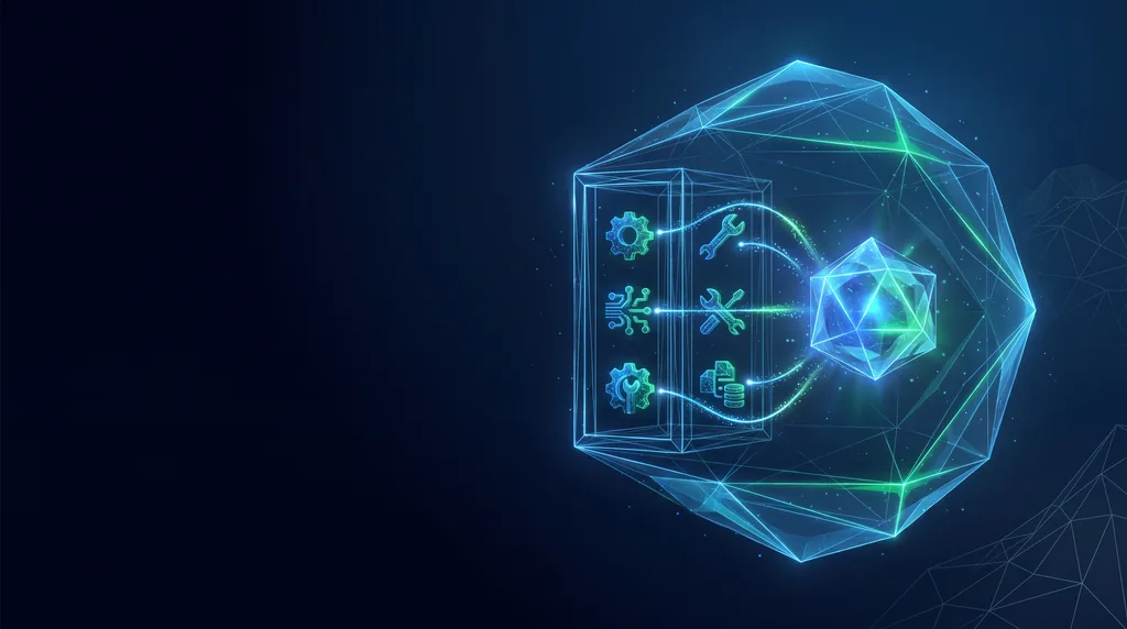 Geometric navy key art of faceted wireframe structure, for automation tools.