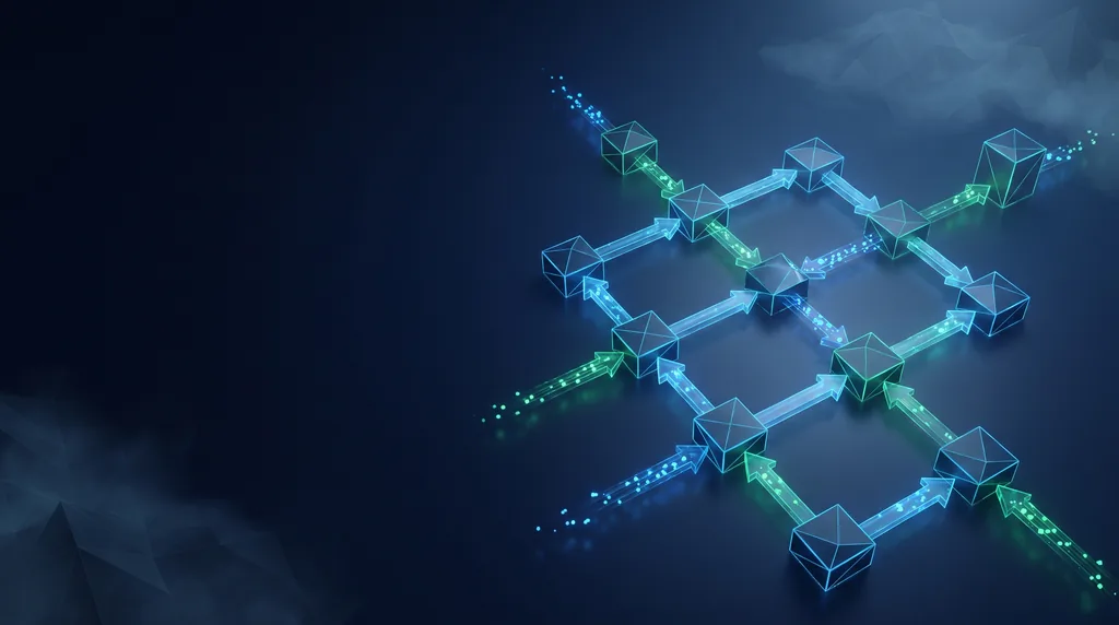 Geometric navy key art of faceted wireframe structure, for automation workflows.
