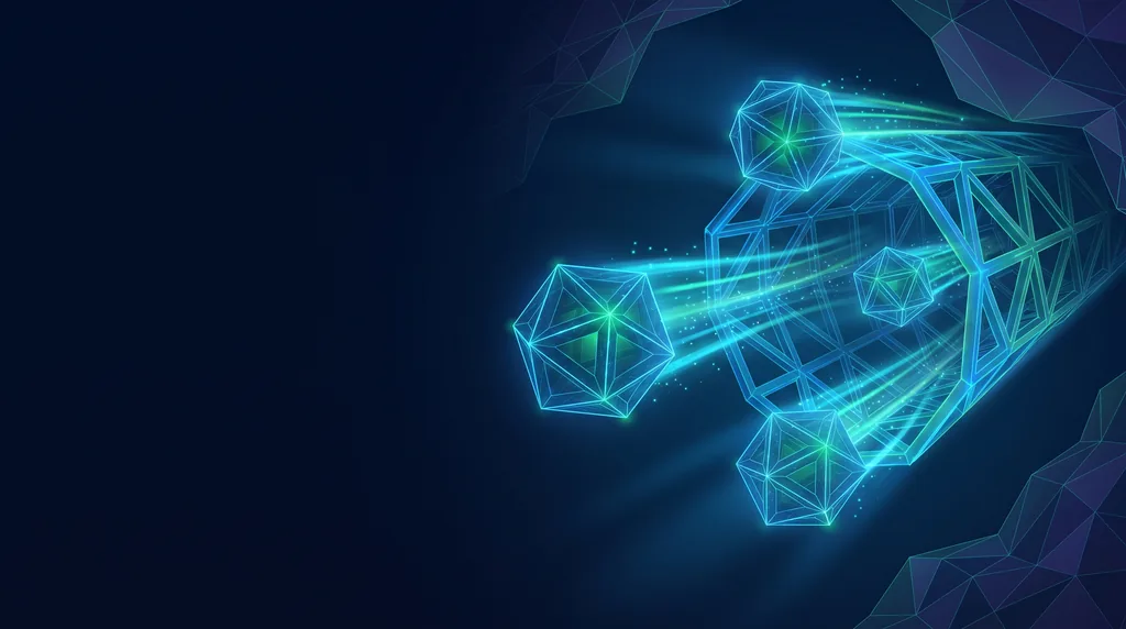 Geometric navy key art of faceted wireframe structure, for autonomous agents.