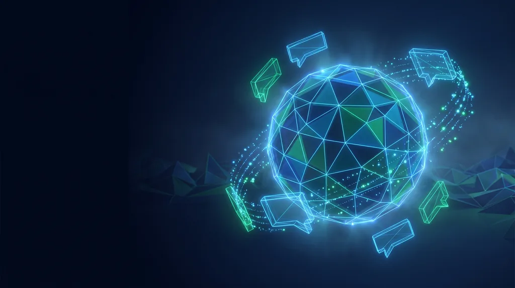 Geometric navy key art of faceted wireframe structure, for custom bots.