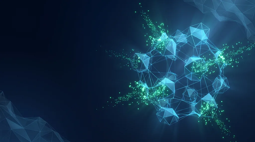 Geometric navy key art of faceted wireframe structure, for AI innovation work.
