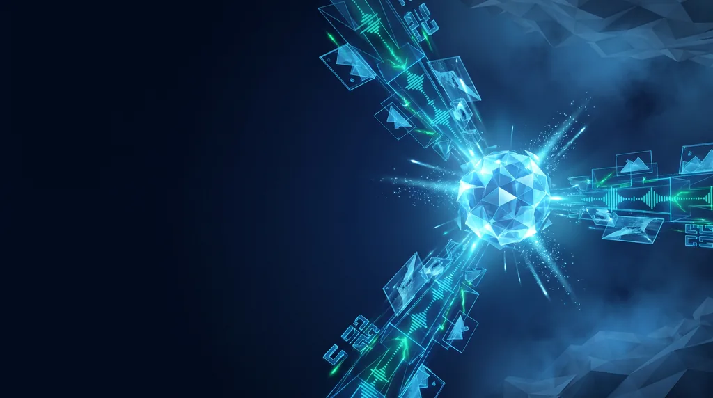 Geometric navy key art of faceted wireframe structure, for multimodal AI environments.
