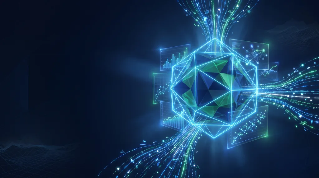Geometric navy key art of faceted wireframe structure, for analytics and measurement.