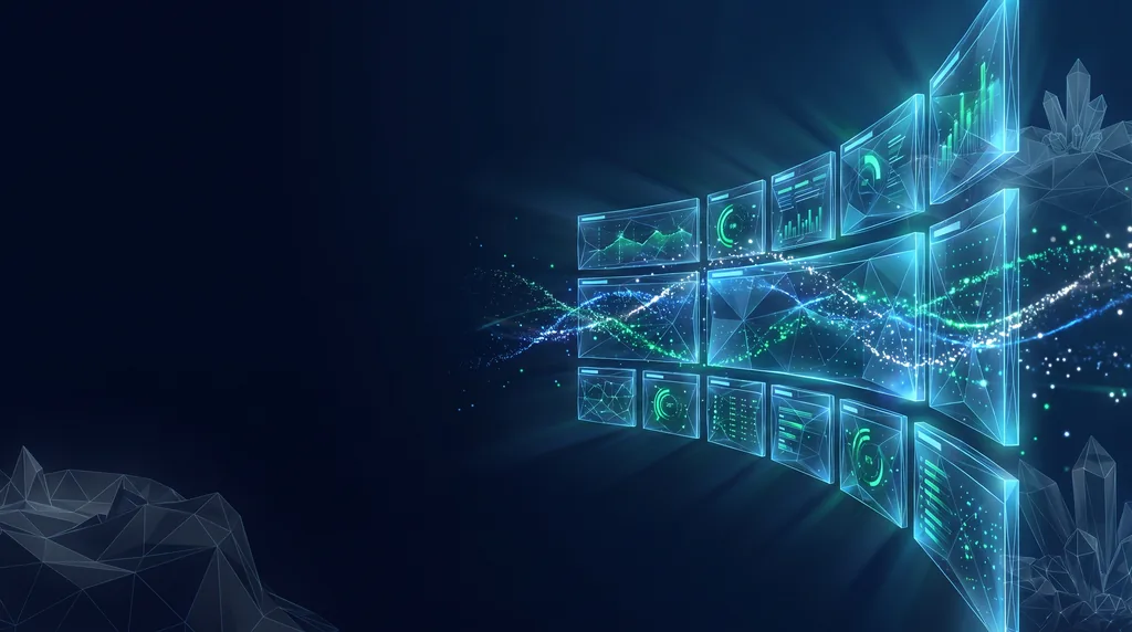 Geometric navy key art of faceted wireframe structure, for reporting dashboards.