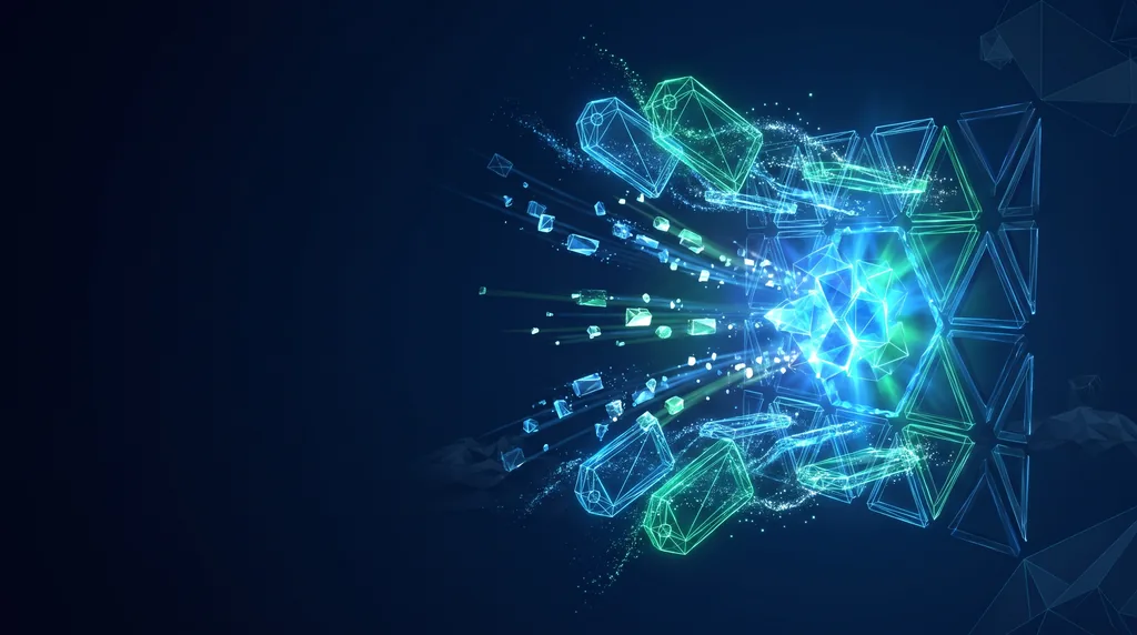 Geometric navy key art of faceted wireframe structure, for a GA4 setup that measures the right events.