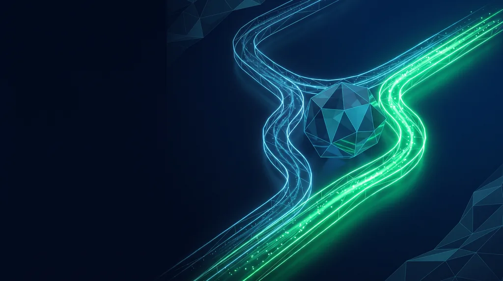Geometric navy key art of faceted wireframe structure, for strategy optimization.
