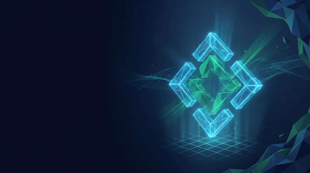 Geometric navy key art of faceted wireframe structure, for brand systems and design.