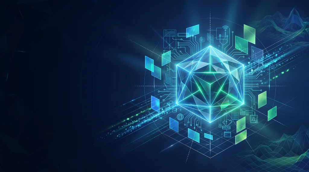 Geometric navy key art of faceted wireframe structure, for brand identity systems.