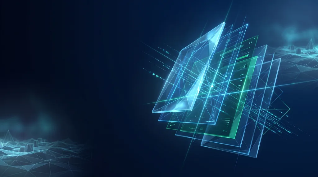 Geometric navy key art of faceted wireframe structure, for marketing collateral.