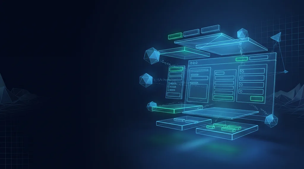 Geometric navy key art of faceted wireframe structure, for product UI design.