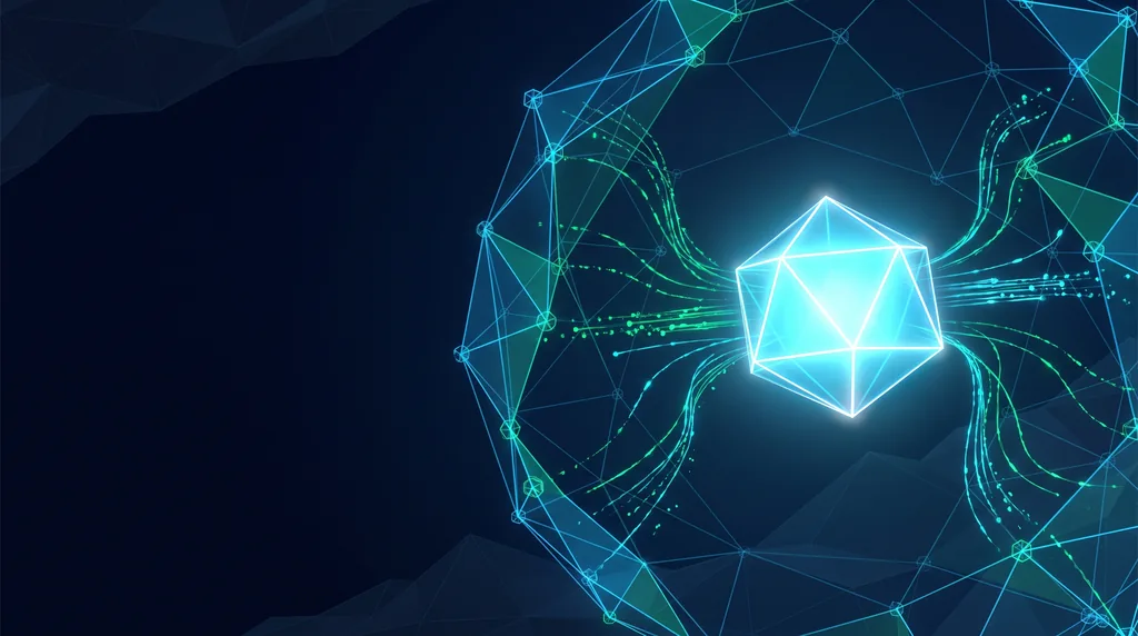 Geometric navy key art of faceted wireframe structure, for paid media planning and buying.