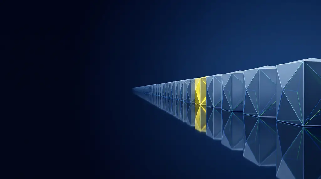 Geometric navy key art of faceted wireframe structure, for Amazon advertising managed on profit.