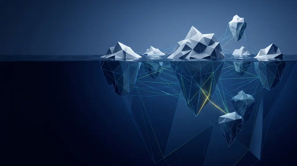 Geometric navy key art of faceted wireframe structure, for cross-channel paid campaign management.