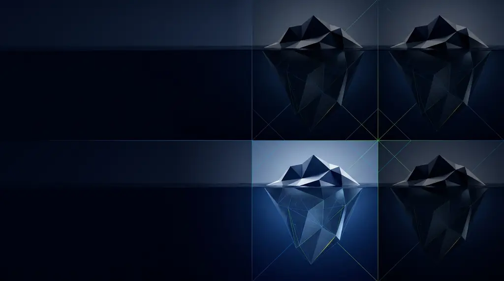 Geometric navy key art of faceted wireframe structure, for Microsoft advertising across Bing, Edge, and Copilot.