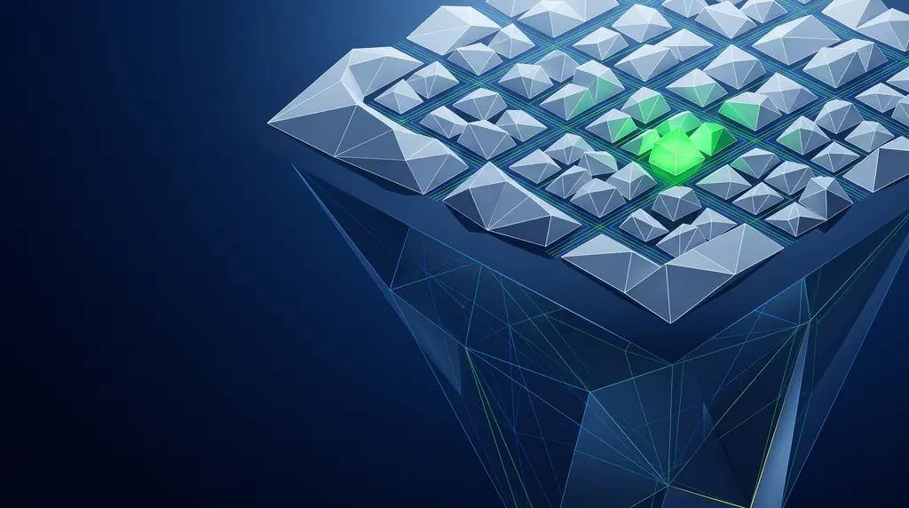 Geometric navy key art of faceted wireframe structure, for Nextdoor advertising targeted by verified neighborhood.