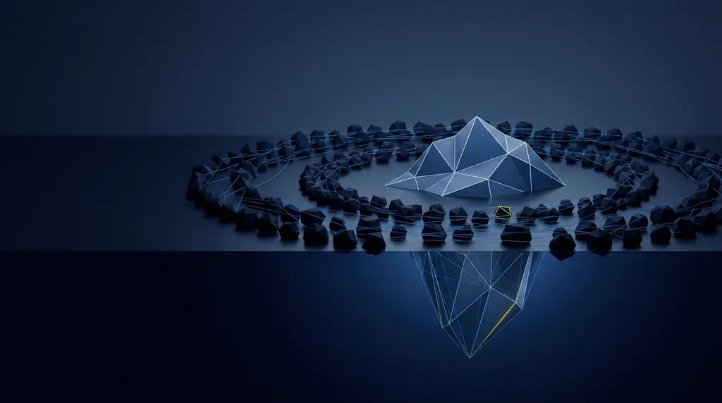 Geometric navy key art of faceted wireframe structure, for Reddit advertising that respects the community.