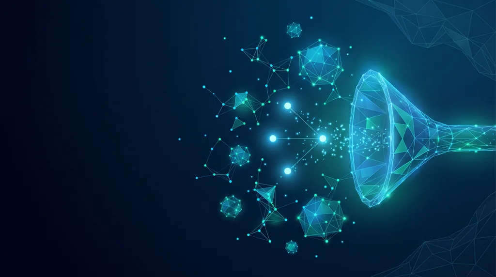 Geometric navy key art of faceted wireframe structure, for keyword research.