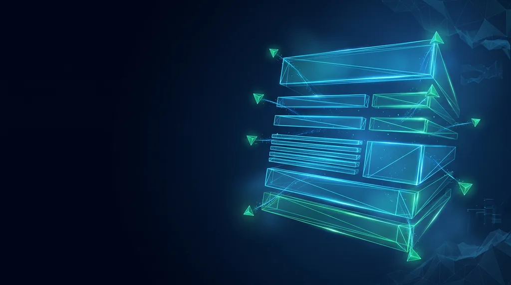 Geometric navy key art of faceted wireframe structure, for on-page optimization.