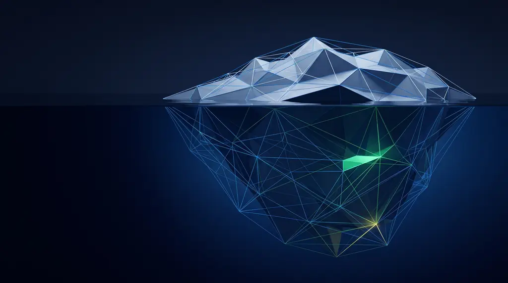 Geometric navy key art of faceted wireframe structure, for Facebook page management for local reach and trust.