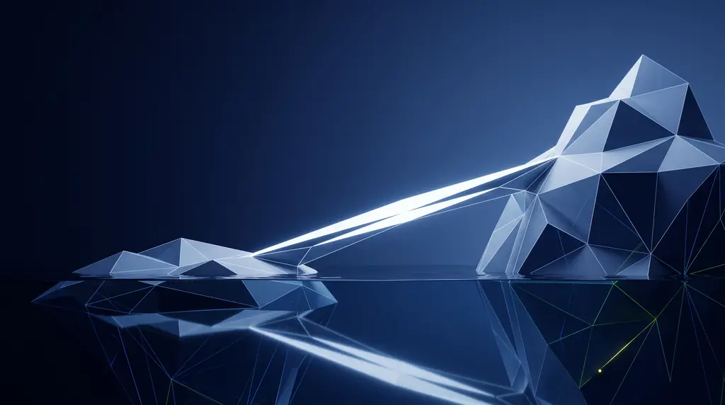 Geometric navy key art of faceted wireframe structure, for LinkedIn management for founders and company pages.