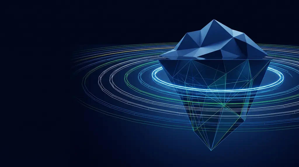 Geometric navy key art of faceted wireframe structure, for social listening and brand monitoring.