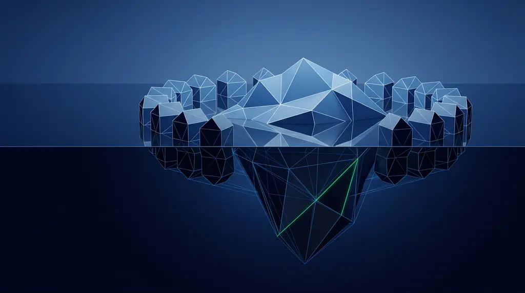Geometric navy key art of faceted wireframe structure, for Nextdoor business page management for local trust.