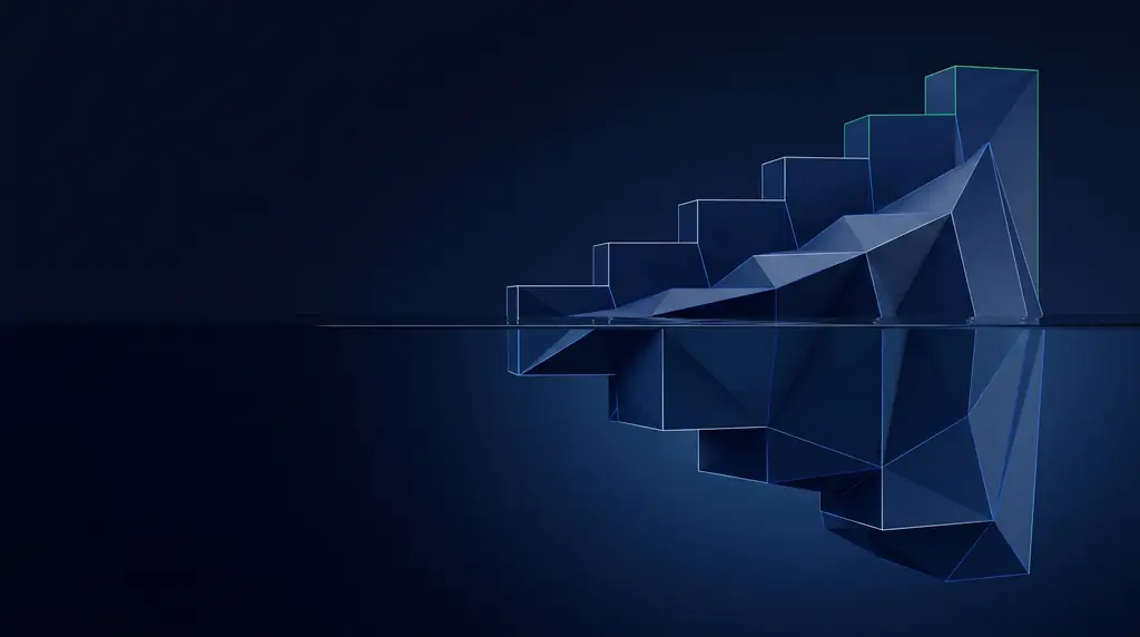 Geometric navy key art of faceted wireframe structure, for social media reporting tied to pipeline.