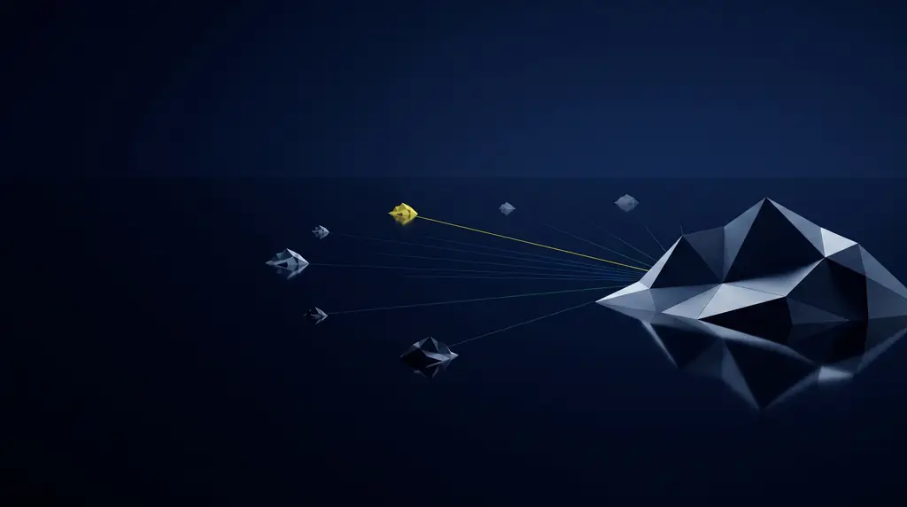 Geometric navy key art of faceted wireframe structure, for social media strategy that picks channels on purpose.