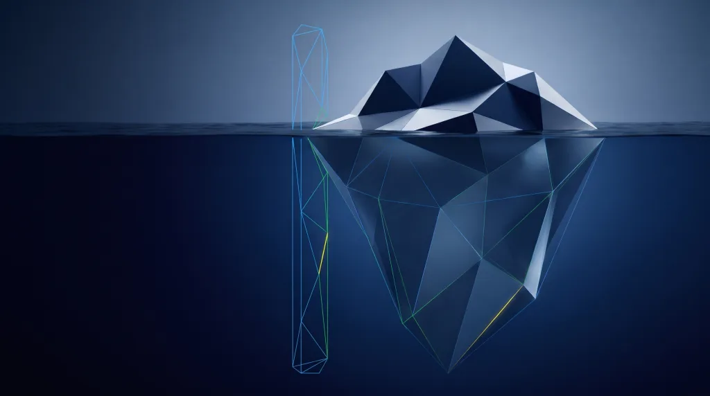 Faceted iceberg over a wireframe foundation, for the schema markup validator tool.