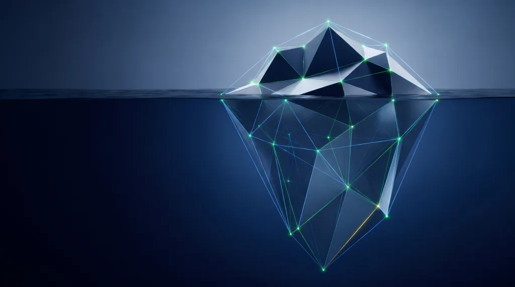 Faceted iceberg over a wireframe foundation, for auditing a page for answer engines.