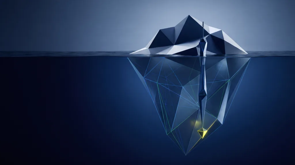 Faceted iceberg over a wireframe foundation, for conversion tracking that survives a redesign.