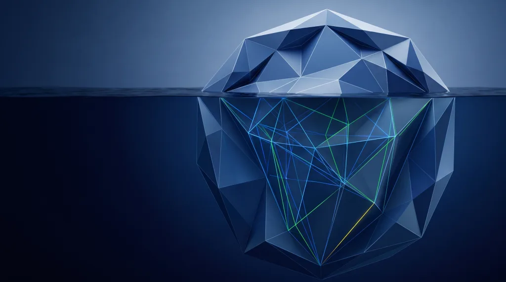 Faceted iceberg over a wireframe foundation, for writing schema markup that validates.