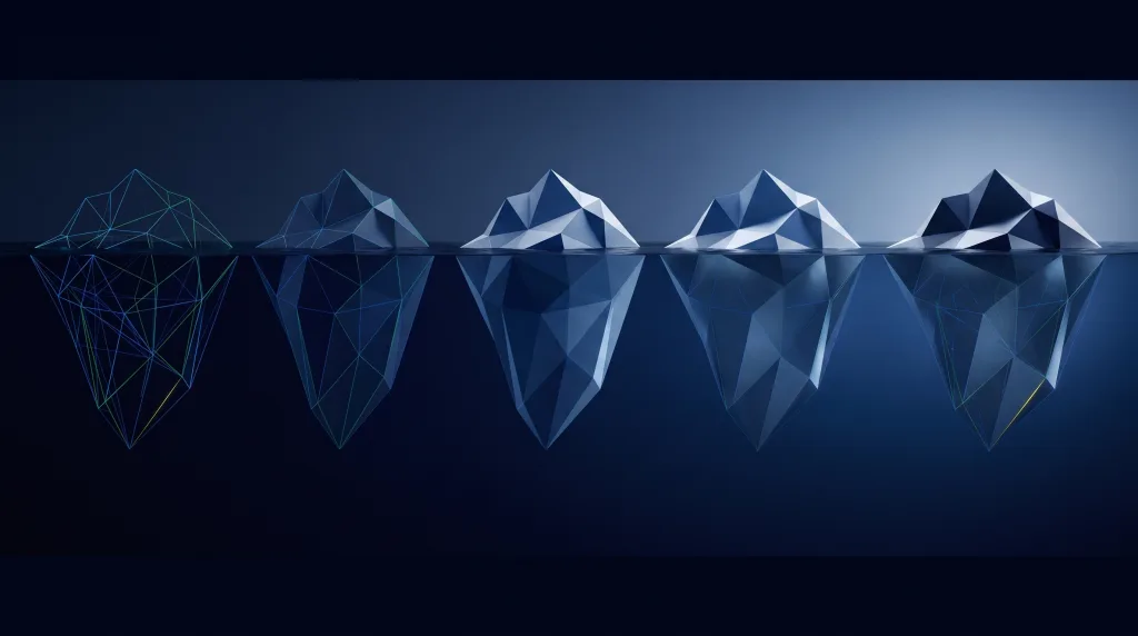 Faceted iceberg above a deep submerged lattice, for step-by-step tutorials from the Lingows bench.