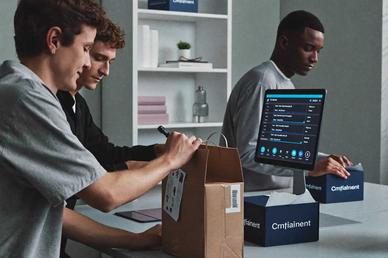 Ecommerce team packing orders and reviewing a dashboard in a modern studio