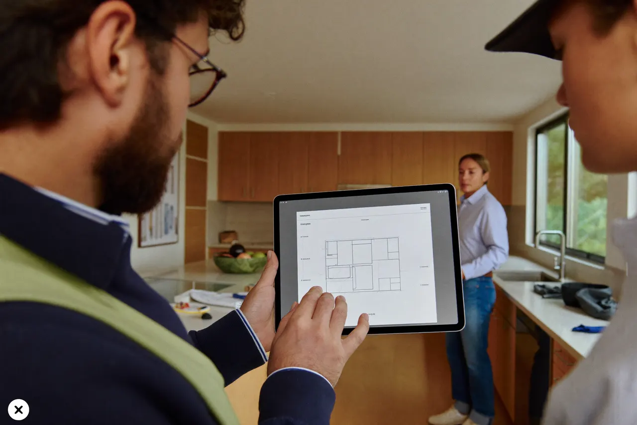 Remodeler reviewing plans with homeowners in a kitchen renovation