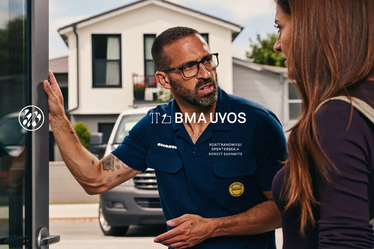 Home services technician explaining a repair to a homeowner at the door