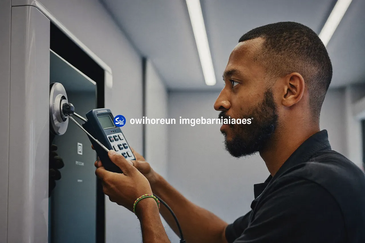 HVAC technician servicing a high-efficiency system in a modern mechanical room