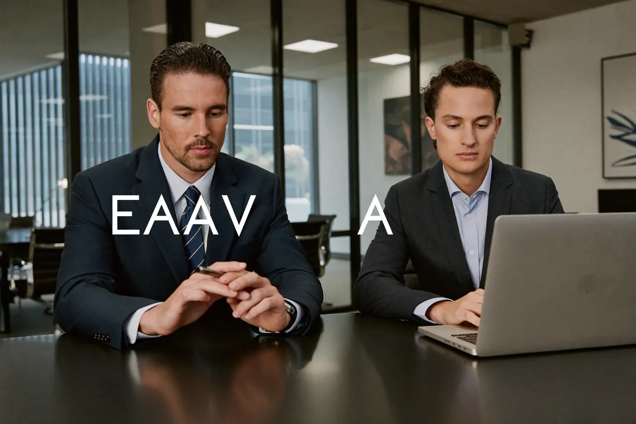 Two attorneys reviewing documents in a modern law office conference room
