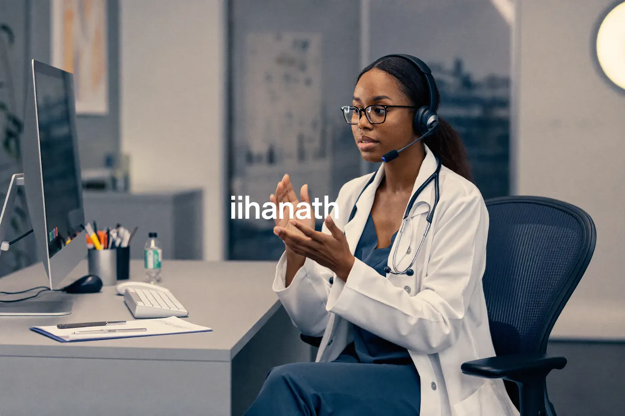 Clinician running a telehealth video visit from a modern clinic office