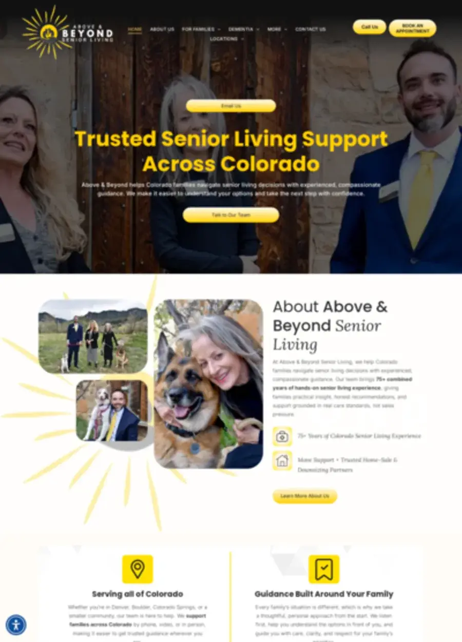 Screenshot of the Above and Beyond Senior Living website homepage