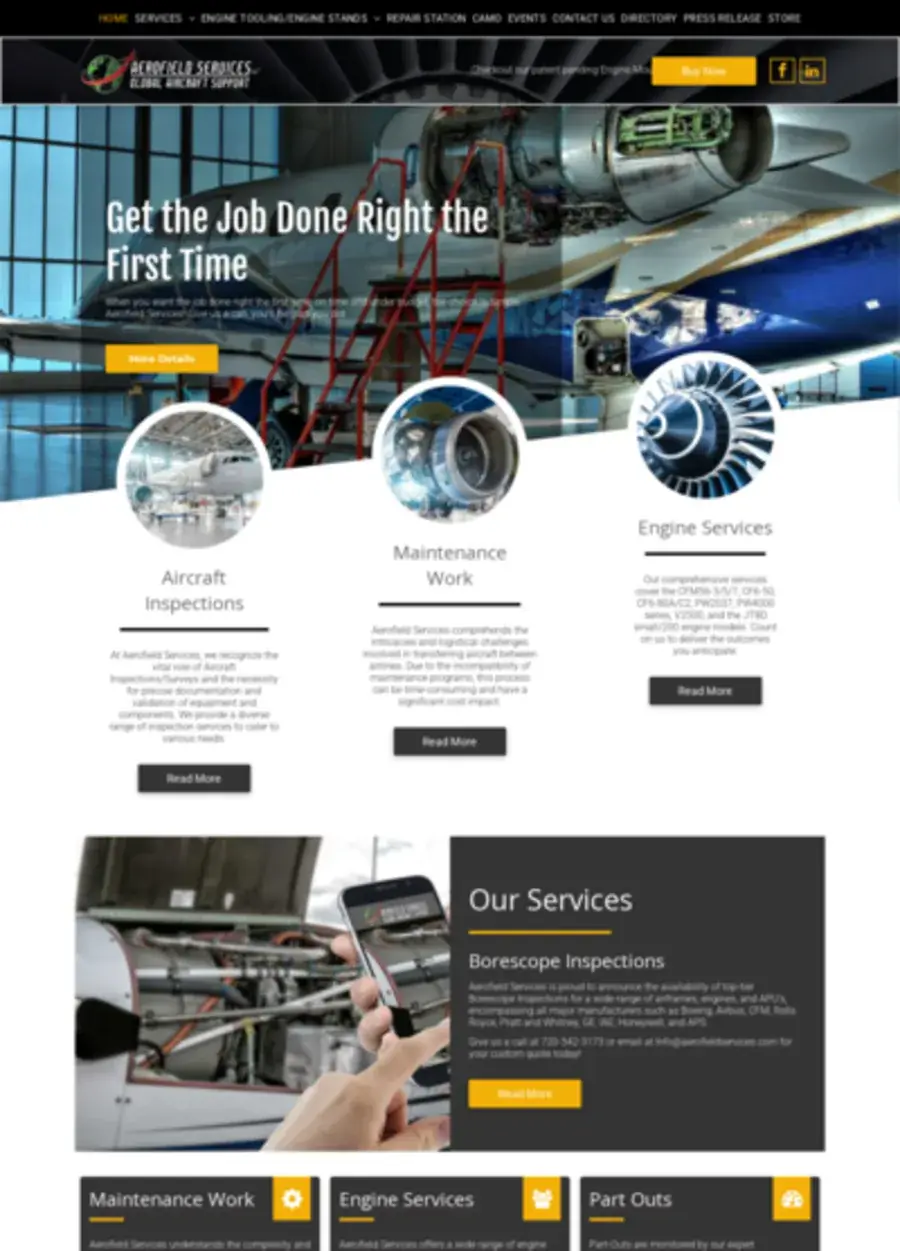 Screenshot of the Aerofield Services website homepage