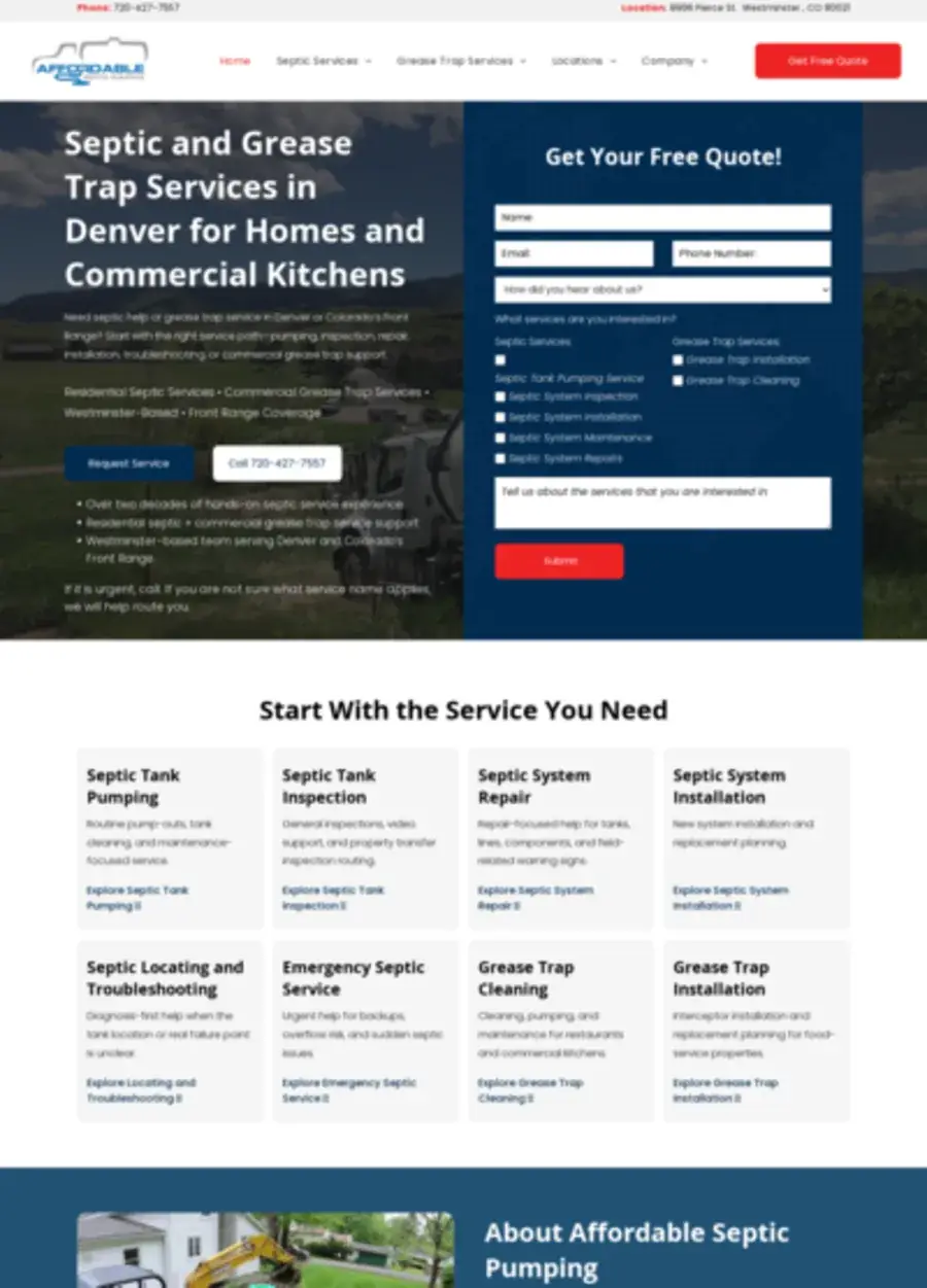 Screenshot of the Affordable Septic Pumping website homepage