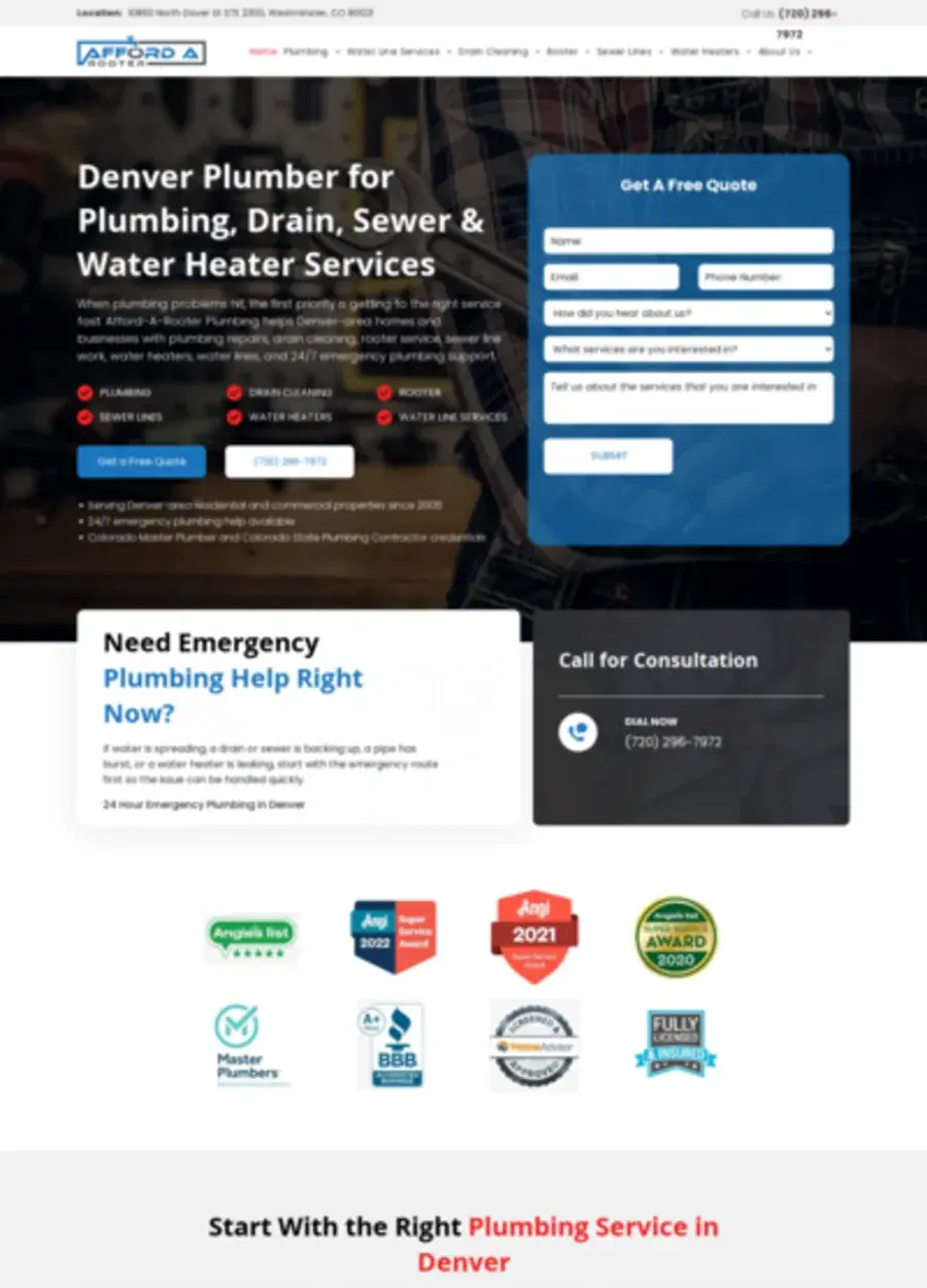 Screenshot of the Afforda Rooter Plumbing website homepage