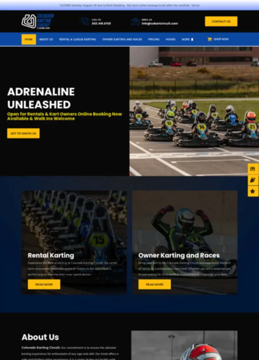 Screenshot of the Colorado Kart Circuit website homepage