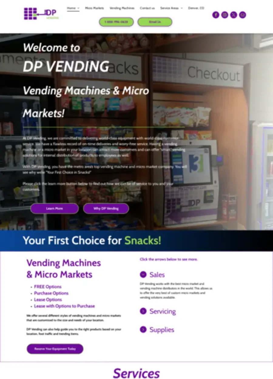 Screenshot of the DP Vending website homepage
