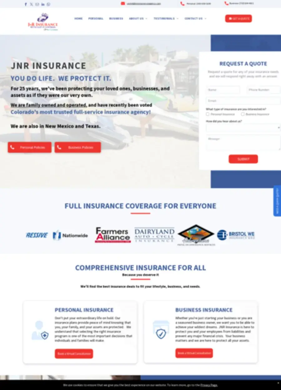 Screenshot of the JNR Insurance Agency website homepage