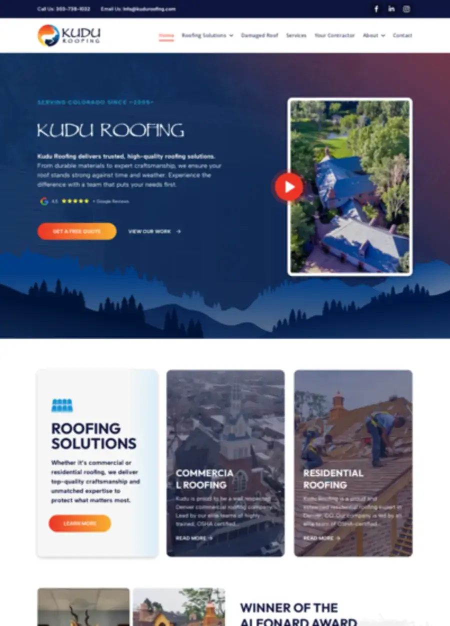 Screenshot of the Kudu Roofing website homepage